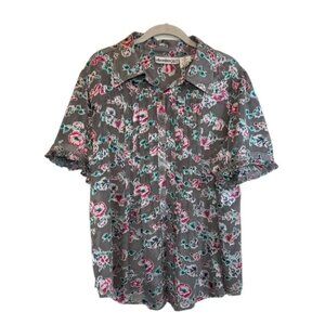 Denim 24/7 Floral Button Up Short Sleeve Shirt in Gray/Pink/Green - Size 18W